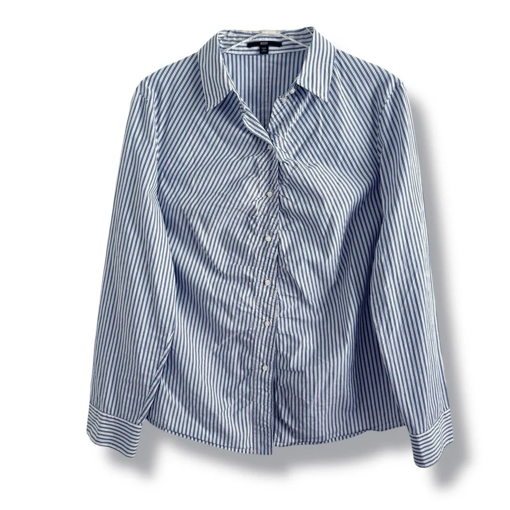 BOSS HUGO BOSS BLUE WHITE STRIPED RUCHED BUSINESS CASUAL SHIRT US SZ 12 - Picture 2 of 7